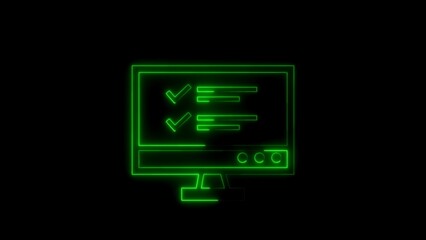Green neon checklist icon on computer screen represents task completion and success