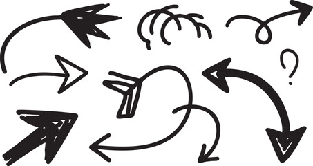 Vector art of set of handdrawn black arrows pointing in multiple directions, isolated on white background