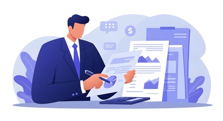 Focused Businessman Analyzing Expense Report With Calculator And Financial Documents At Office Desk, Managing Company Budget, Accounting, And Financial Planning For Business Success