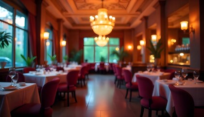 Blur or Defocus Background, Blurred beautiful design of the ceiling in the restaurant. Bright interior and lights. Blurred bokeh basic background for design