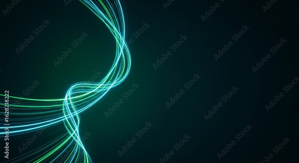 Poster abstract green and blue neon light lines forming a vibrant wave pattern on a dark background with am
