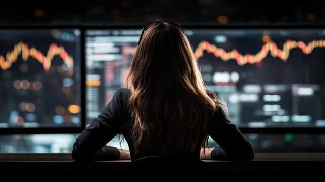 Back view of a woman with headphones looking at financial charts on two monitors in a dark office financial data display - Powered by Adobe