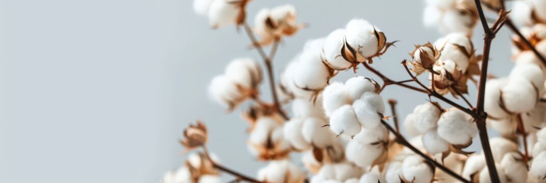 World cotton day celebration with cotton plants against soft background. Horizontal banner. Copy space