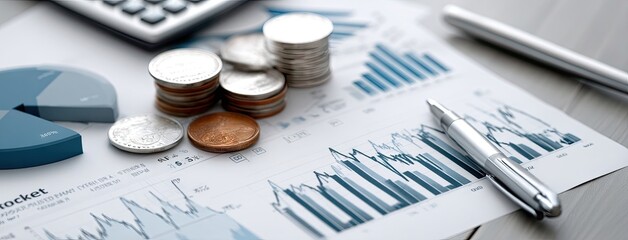 Financial analysis and budgeting with charts, coins, and a calculator on a workspace in a professional office environment during the daytime