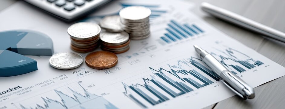 Financial analysis and budgeting with charts, coins, and a calculator on a workspace in a professional office environment during the daytime