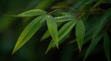 Obraz premium Close-up of vibrant green bamboo leaves, glistening with morning dew drops
