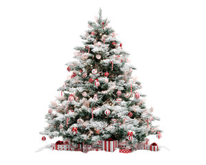 Flocked Snowy Christmas Tree with Red and White Ornaments, Front View, Isolated on Transparent Background PNG