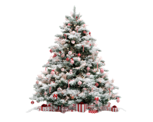 Flocked Snowy Christmas Tree with Red and White Ornaments, Front View, Isolated on Transparent Background PNG