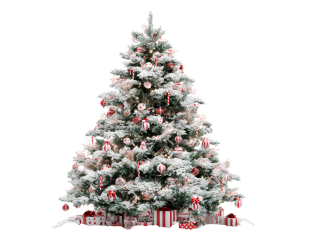 Flocked Snowy Christmas Tree with Red and White Ornaments, Front View, Isolated on Transparent Background PNG