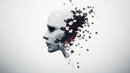 Side profile of a jigsaw puzzle face with missing pieces and red light on white background