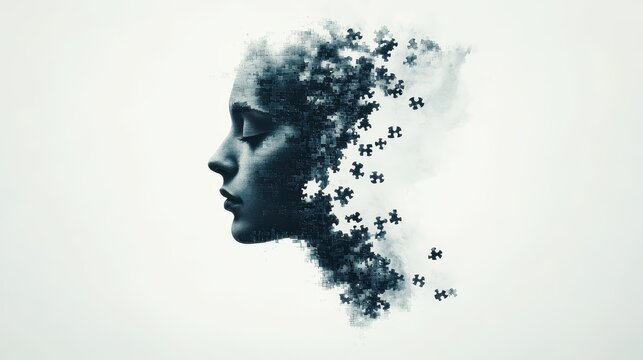Profile of a woman dissolving into puzzle pieces against a bright white background monochromatic The face is in partial