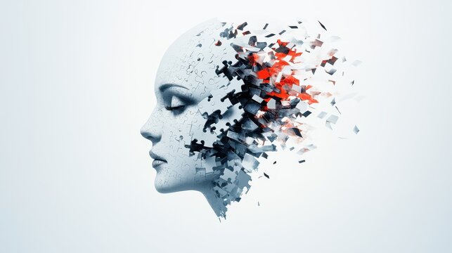 Abstract head composed of puzzle pieces disassembling with red and grey fragments on a light background
