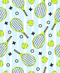 A pattern of a tennis racket and ball on a blue and white background.