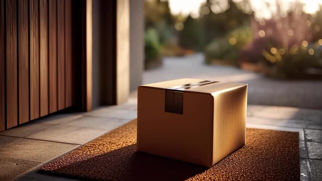 A cardboard box sits on a welcome mat at the entrance of a home, illuminated by soft sunlight.