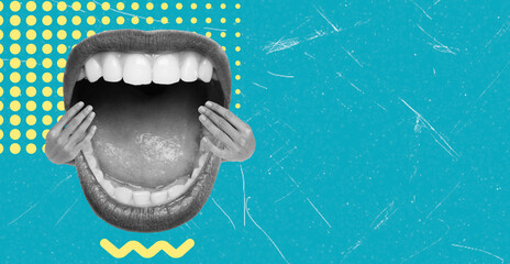 Art collage, Creative artwork featuring a large open mouth with hands on either side, against a vibrant blue background