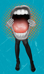 Art collage, Creative artwork featuring a large mouth with legs on a vibrant blue and orange background showcasing expression and dance