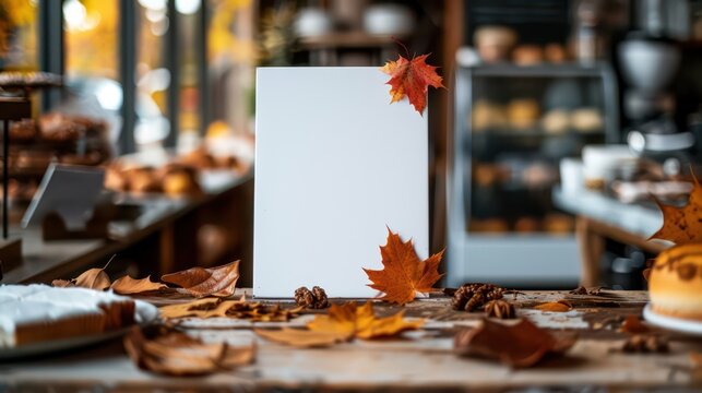 Autumn leaves mockup template for back to school design in cafe setting. Horizontal banner. Copy space. Template, mock-up for cafe, coffee shop, bar, bakery