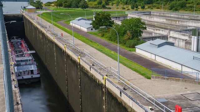 time lapse and close-up of a tanker ship passing through a water-saving lock in Magdeburg Rothensee, Saxony-Anhalt, Germany, in July 2025