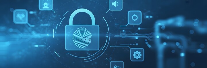 Digital Security Blueprint: A dynamic, illustrative image depicting a digital padlock at the center, adorned with a fingerprint, surrounded by interconnected icons to illustrate network security.