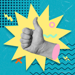 Art collage, Creative graphic design showcasing a hand giving a thumbs up against a vibrant...