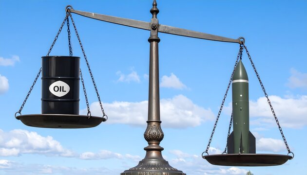 Balance scale weighing oil barrel vs. missile. Symbolizes energy vs. war, geopolitical conflict, global power, resource allocation, military spending. For news, finance, international relations.

