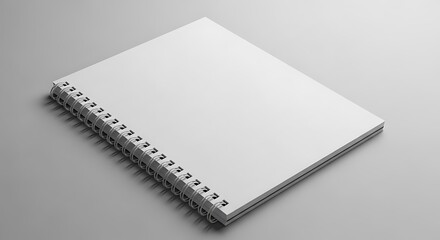 Blank white spiral notebook mockup on a gray surface, angled perspective