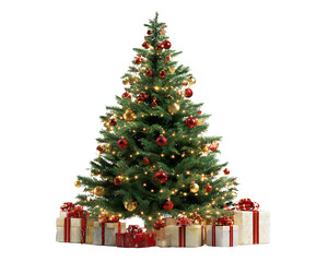 Realistic Christmas Tree with Red and Gold Decorations and Wrapped Gifts, Front View, Isolated on Transparent Background PNG