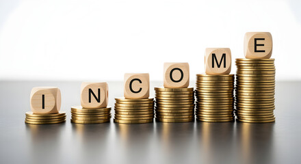 Income Spelled Out with Wooden Blocks on Stacks of Gold Coins on White Background Financial Success and Economic Growth