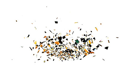 Shattered glass fragments with orange and white reflections scattered dynamically on transparent background for VFX, overlays, and compositing.