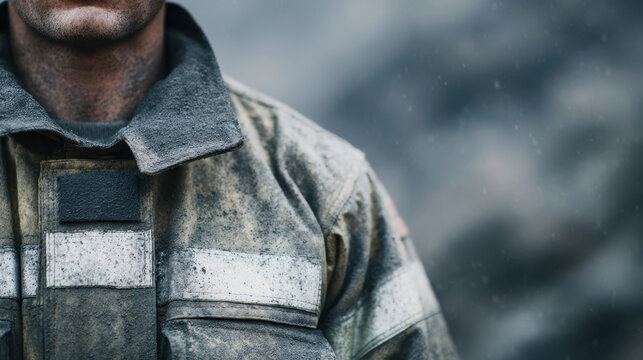 Close up of reflective firefighter jacket covered in dirt and soot with blurred background showing resilience and strength in tough conditions