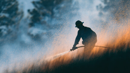 Firefighter spraying water with hose during forest fire at dusk, intense action and smoky atmosphere with glowing embers