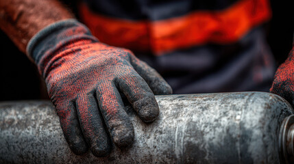 Gloved hands holding metal oxygen tank with worn texture and dark background, showing industrial safety and careful handling