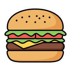 Burger Line Art A detailed line drawing of a classic burger, showcasing the layered elements of bun, patty, and toppings, perfect for illustrating fast food imagery.