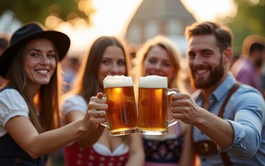 Friends at the Oktoberfest in Germany, toasting with big mugs of beer, looking happy. Shallow field of view. High quality
