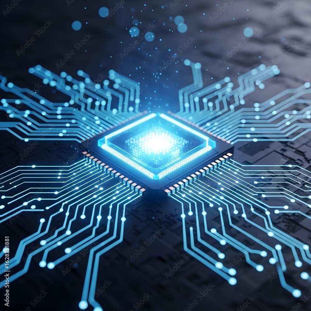 Poster futuristic glowing blue central processing unit with intricate circuit board pathways illuminated
