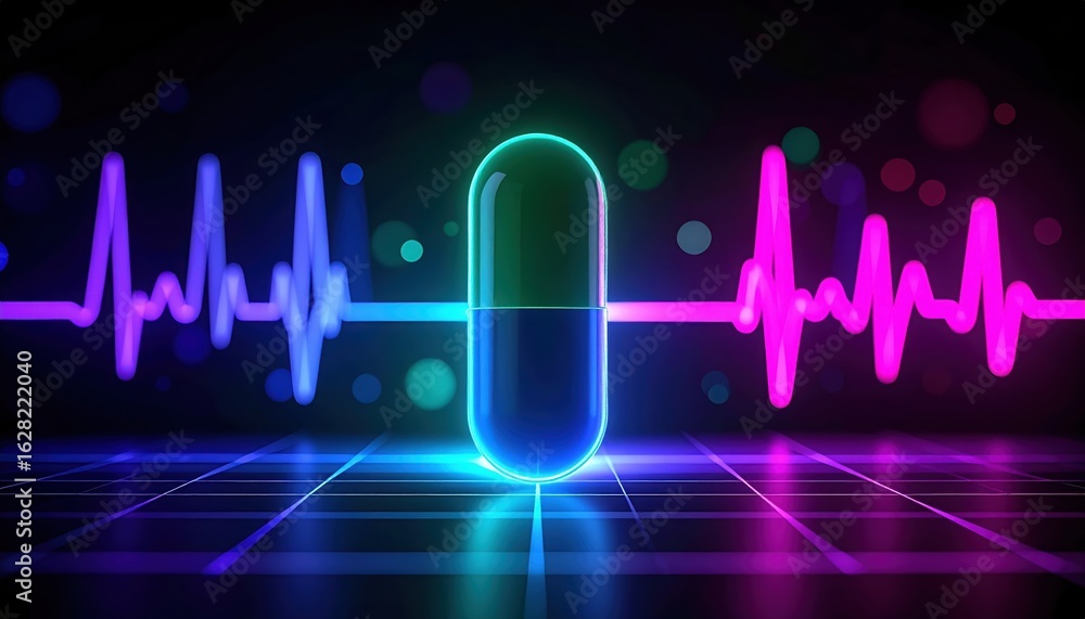 Poster a glowing capsule with neon outlines sits centered against a dark background with pulsing heart rate