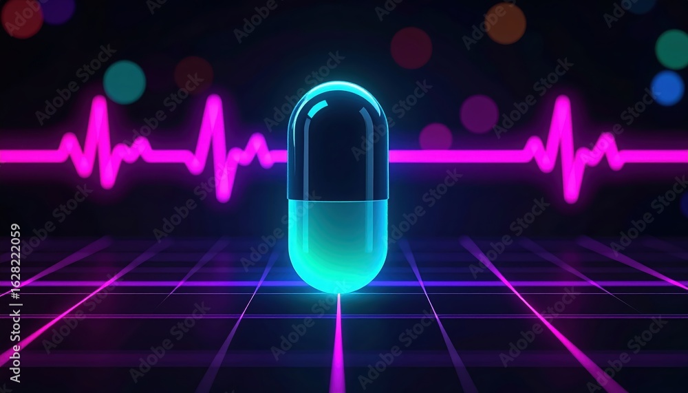 Poster a glowing cyan and black capsule stands out dramatically against a futuristic grid and heartbeat lin