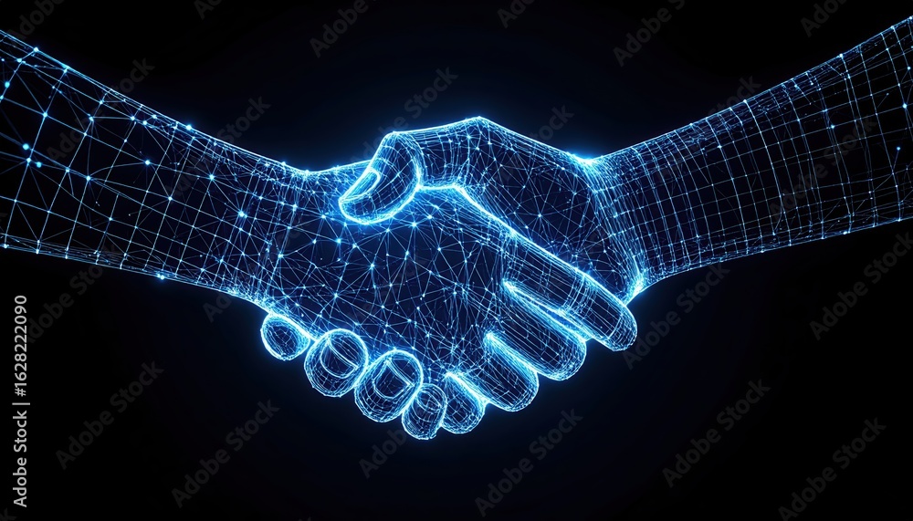 Poster a digital handshake presented with interconnected lines and glowing dots against a dark backdrop sig