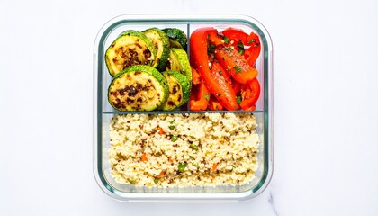 Glass meal prep container with quinoa salad, grilled zucchini, and roasted red bell peppers.