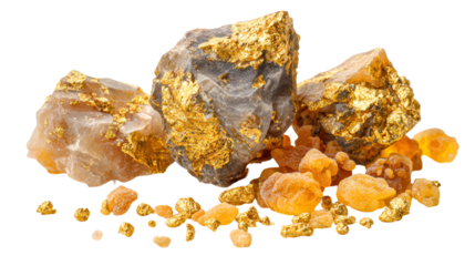 Natural gold nuggets and quartz rocks isolated on transparent background
