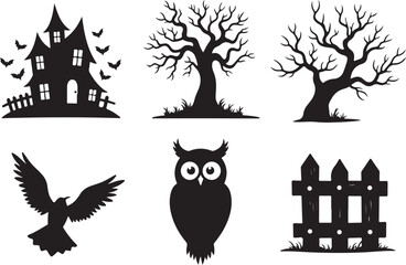 Spooky Halloween silhouettes: haunted house, bare trees, owl, crow, fence