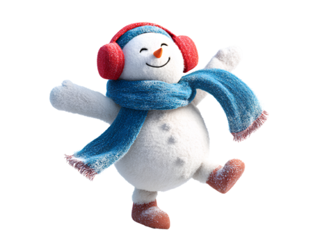 Snowman with Earmuffs and Skating Pose on One Leg, Dynamic Angle, Isolated on Transparent Background PNG