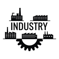 Industry concept with factories and gear symbol representing manufacturing and industrial processes in black and white