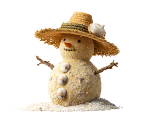 Snowman Made from Sand with Seashell Eyes and Straw Hat, Front View, Isolated on Transparent Background PNG