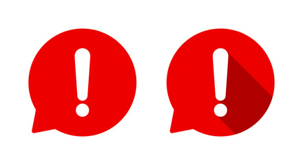 Exclamation mark in chat bubble icon with long shadow. Message alert sign. Warning speech balloon symbol