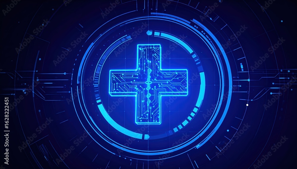 Poster a vibrant blue digital cross with integrated circuit patterns shines within layered technological ci
