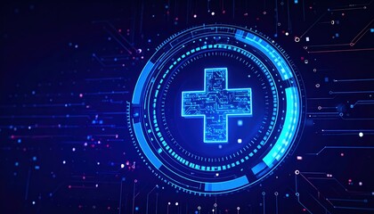 A glowing blue medical plus sign symbol is displayed with intricate circuit board patterns and futuristic digital technology on a dark blue background design.