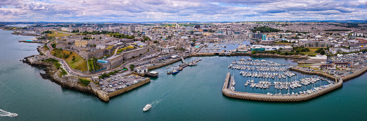 Aerial view of Plymouth Hoe and Royal Citadel along the waterfront in Plymouth, England, with...