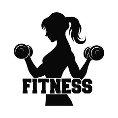 Bold black silhouette glyph icon of a fit woman lifting dumbbells. Vector illustration on white background symbolizing strength, fitness, and gym training.