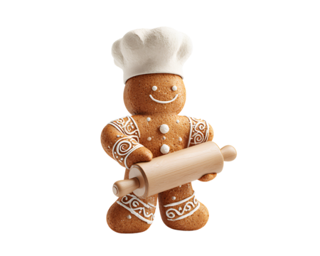 Gingerbread Man with Chef Hat and Rolling Pin, Baking Theme Cookie Character, Standing View, Isolated on Transparent Background PNG